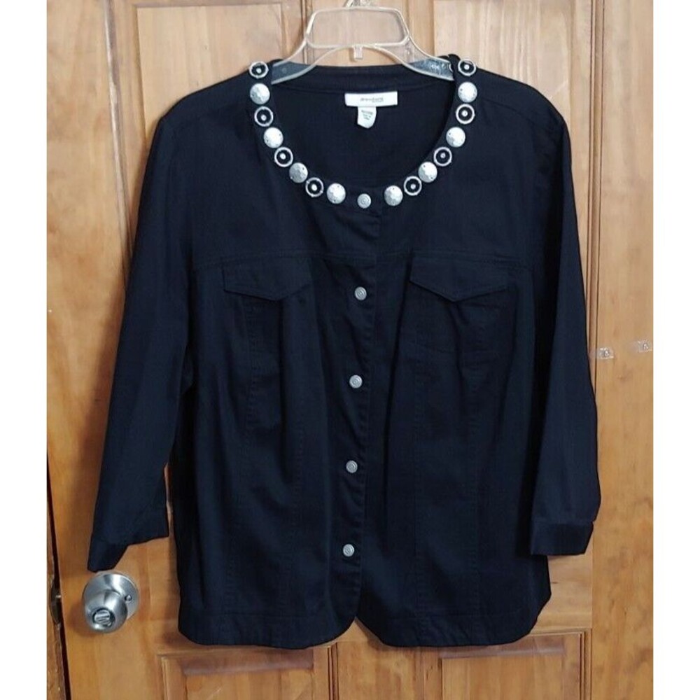 Dress Barn Womens Jacket 18 20W Black Cropped Beaded Button Front 3/4 Sleeves